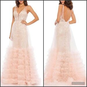 $998 Mac Duggal 11183 Lace Ruffle Tiered Plunge Neck Gown Dress Peach 4